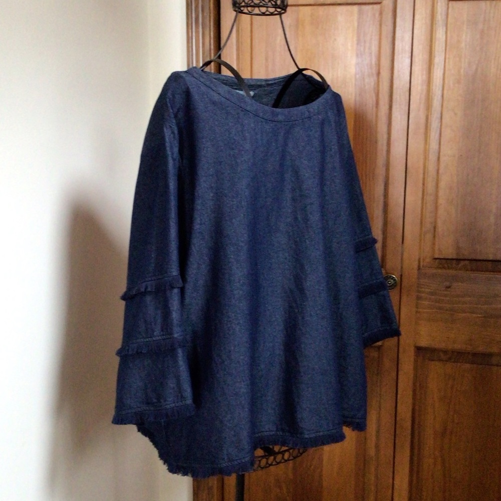 C&C California Woman's Blue Denim Chambray Fringe Ruffle Top Size 1X